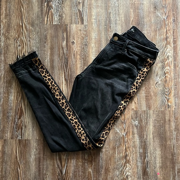 Aqua Denim - Aqua Black Skinny Leopard Tuxedo Stripe Slim Animal Print Raw Hem Ankle Jeans